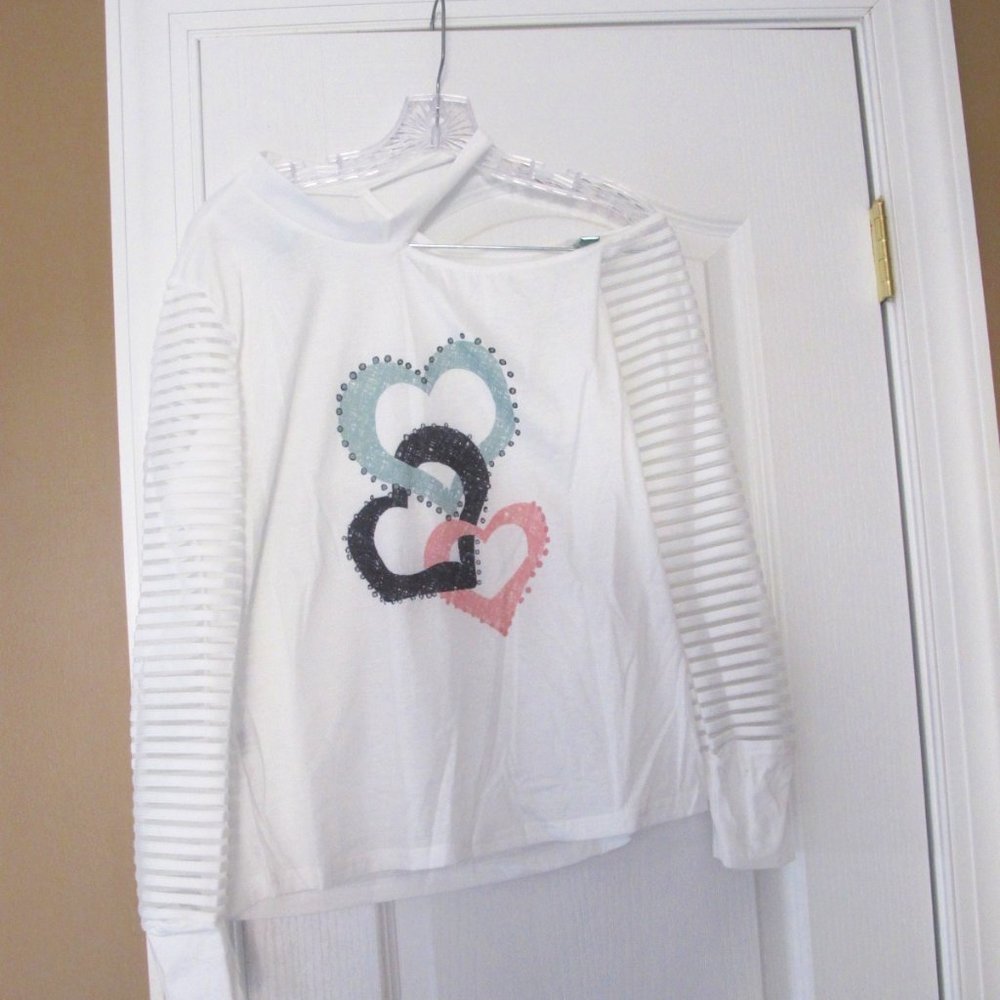 New Heart Print Cold Shoulder Mesh Long Sleeve Top